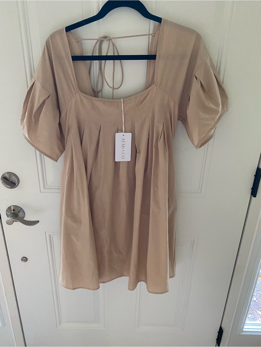 Neutral Tan Square-Neck Puff-Sleeve Dress